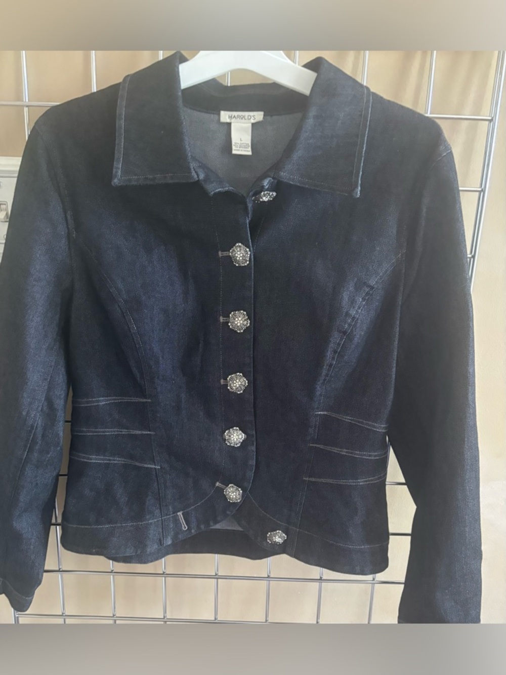 Harold's Tailored Slimming Denim Jacket Sz L Embellished Jewel Buttons